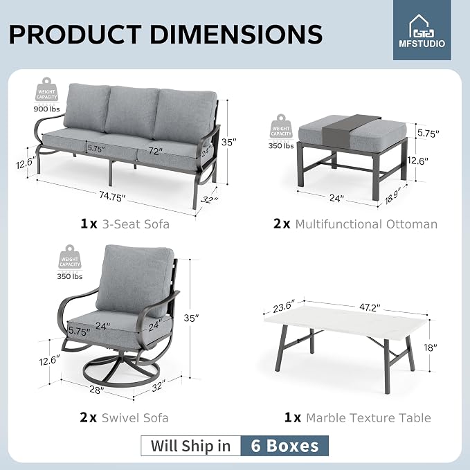 MFSTUDIO 6 Pieces Metal Patio Furniture Sets, 2 Swivel Chair, 1 Deep Seating 3-Seat Sofa, 2 Ottoman & 1 Marbling Coffee Table, All Weather 7 Seats Outdoor Conversation Set for Garden Backyard, Grey