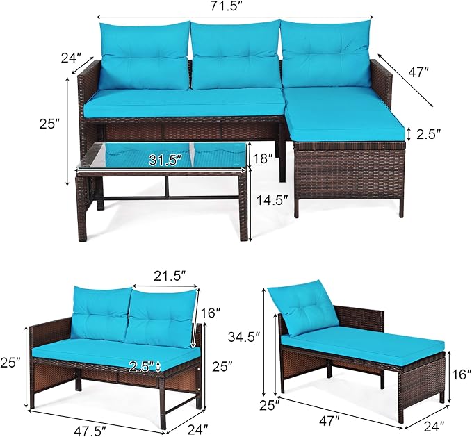 DORTALA Wicker Patio Furniture Set Couch 3 Piece, L-Shaped PE Rattan Outdoor Sectional Sofa Conversation Set with Loveseat, Lounge and Tempered Glass Coffee Table for Garden Lawn Deck, Turquoise