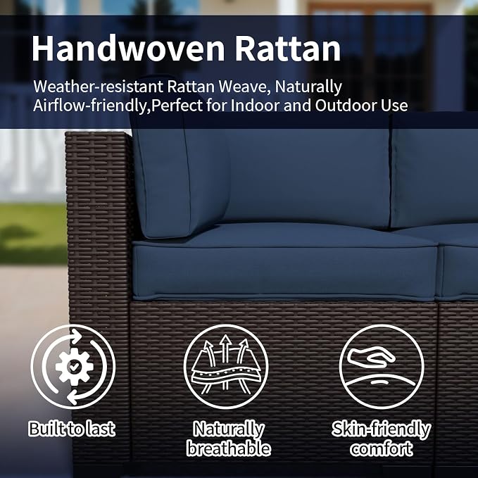 7 Piece Patio Furniture Set, Rattan Outdoor Patio Conversation Sets, Outdoor Sectional Furniture with Thickened Cushions and Coffee Table, for Deck, Backyard, Garden, Dark Brown & Navy Blue