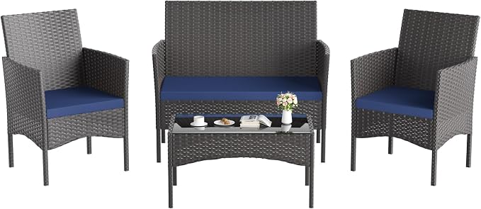 Kullavik 4 Pieces Outdoor Patio Furniture Set,PE Wicker Rattan Chairs Garden Conversation Sets with Tempered Glass Table and Soft Cushions for Lawn,Pool or Backyard,Navy Blue