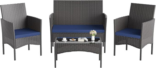 Kullavik 4 Pieces Outdoor Patio Furniture Set,PE Wicker Rattan Chairs Garden Conversation Sets with Tempered Glass Table and Soft Cushions for Lawn,Pool or Backyard,Navy Blue