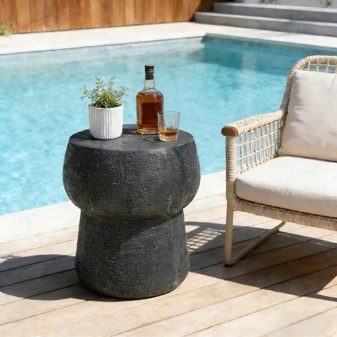 Outdoor Patio Accent Table with Crack Process, Morden Concrete Coffee Table with Double Barrel Shape Outdoor Side Table, Garden Stoolsl for Patio,Garden, Backyard Black