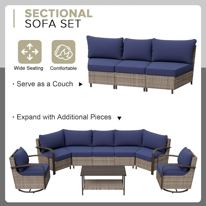 COOS BAY Aurora Terrace 6 Piece Outdoor Sectional Furniture Set, Half Moon Rattan Wicker Conversation Set with Patio Chairs, 5 Seat Sofa & Coffee Table for Patio Garden Yard, Beige/Blue