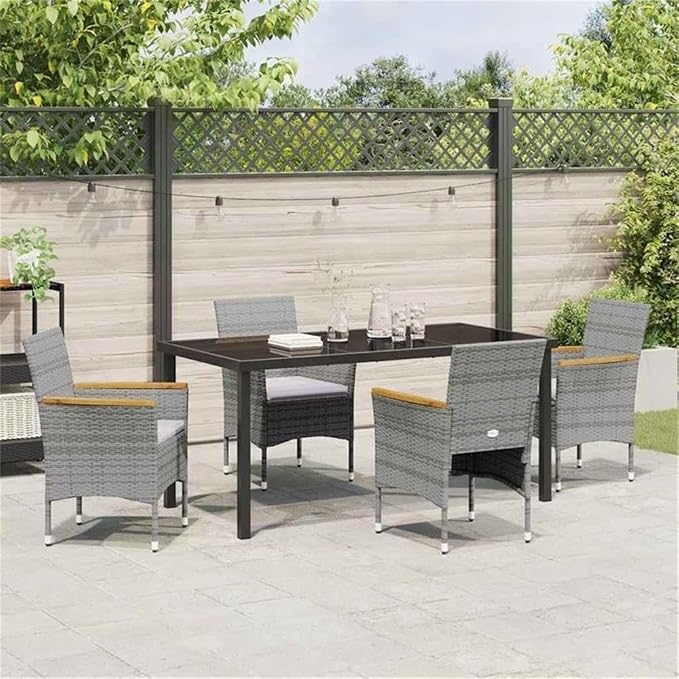 Afuera Living 5 Piece Poly Rattan Garden Dining Set, Gray UV-Resistant Rattan, Steel Frame, Tempered Glass Tabletop, Acacia Wood Armrests, Lightweight Outdoor Patio Furniture for Garden or Terrace