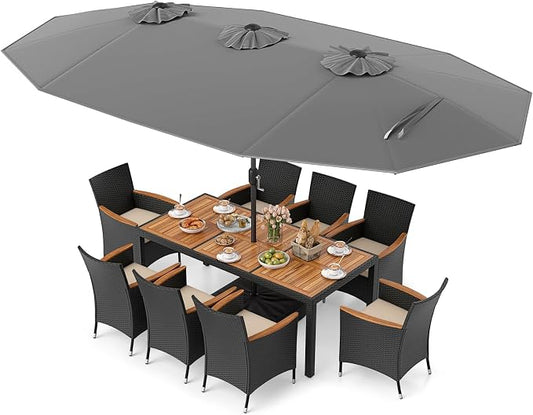 Tangkula 11 Piece Patio Wicker Dining Set w/Double-Sided Patio Umbrella, 8 Stackable Cushioned Chairs, 71" Acacia Wood Dining Table & 15 ft Umbrella with Weighted Base (Grey + Off White)