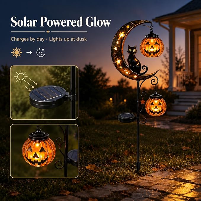 Solar Halloween Black Cat & Pumpkin Moon Garden Stake Light, Outdoor Waterproof LED Yard Decoration with Crescent Moon, Hanging Jack-o'-Lantern Lantern for Garden, Patio, Walkway, Porch (Style C C)