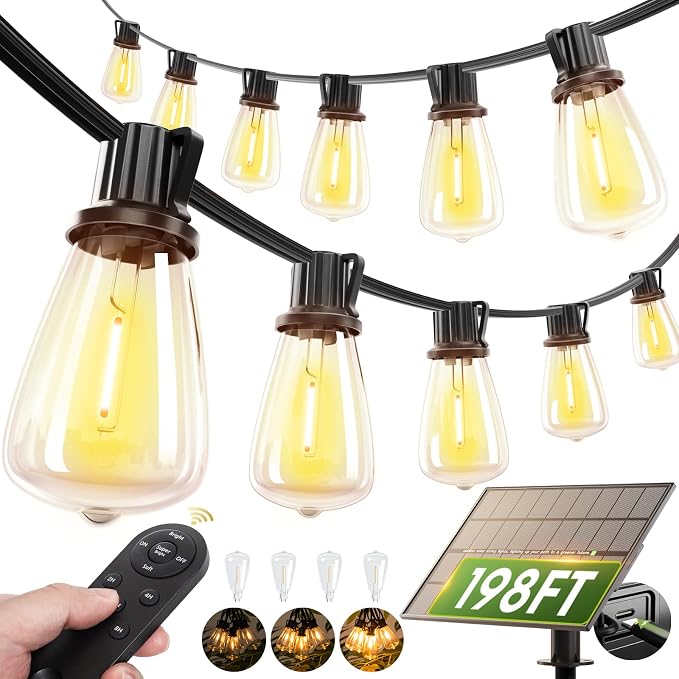 addlon 198FT Solar String Lights Outdoor, Waterproof,Dimmable, Last 20+ Hrs | Ideal for Large Backyard, Garden, Wedding, Party, Camping, 60+4 Shatterproof LED Bulbs, Timer Via Remote, Easy Install
