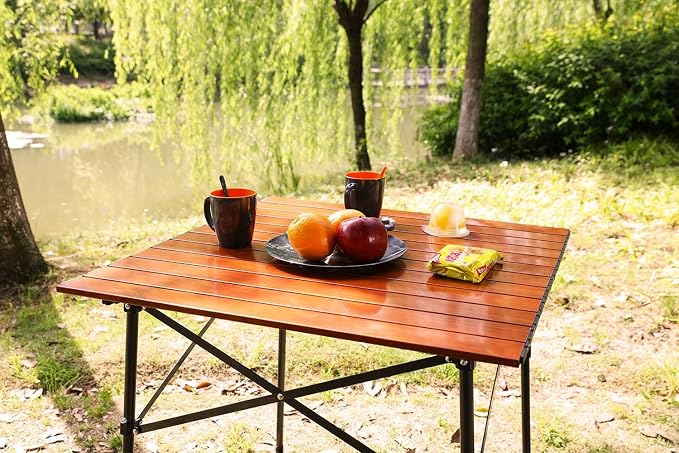 Portal Lightweight Aluminum Folding Square Table Roll Up Top 4 People Compact Table with Carry Bag for Camping, Picnic, Backyards, BBQ, Brown