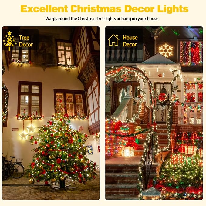 Solar String Lights Outdoor 2 Pack 200 LED Solar Christmas Light Warm White | 8 Lighting Modes, Memory Function, Auto On/Off, 66FT Waterproof Twinkle Lights for Outside Garden Yard Party Xmas Tree Decor