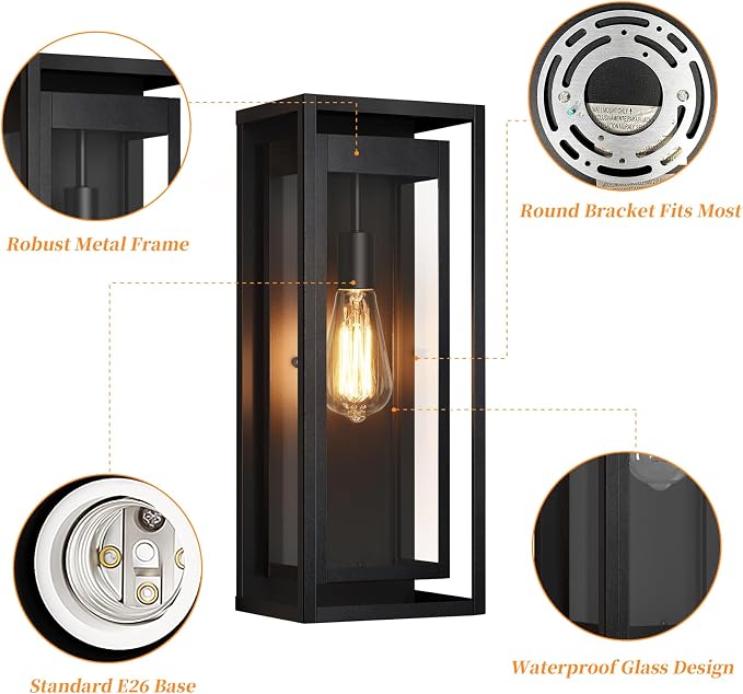 19" Outdoor Wall Lights, 2 Pack Large Size Matte Black Outdoor Sconce Lights with Clear Glass Shade, Waterproof Porch Lighting Exterior Light Fixture for Front Door, Garage