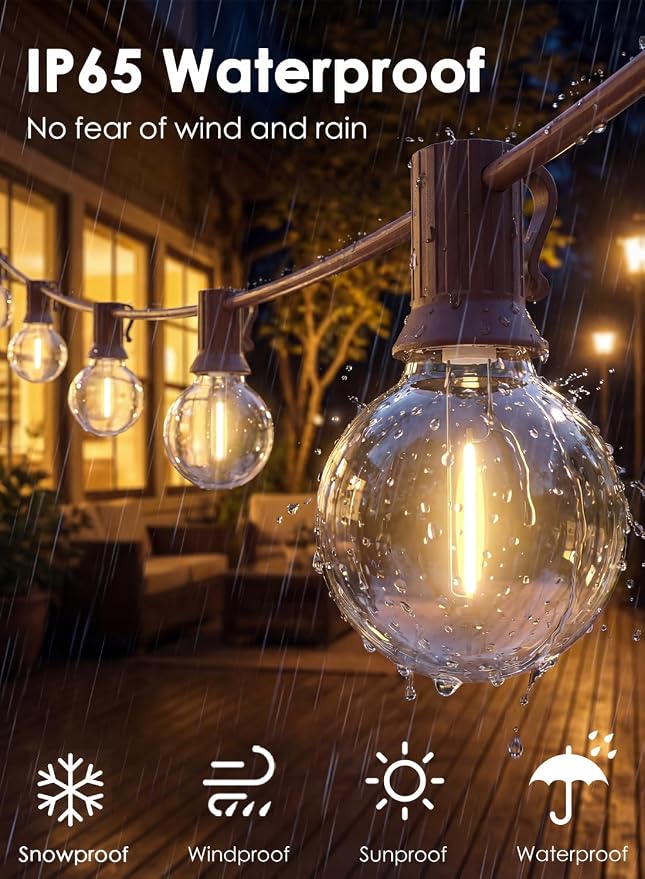 25FT G40 LED Brown Outdoor String Lights with 25 Plastic Shatterproof Bulbs | 2700K Warm White, IP65 Waterproof Hanging Connectable Globe Lights for Patio Garden Porch Pergola Bistro Decor, Brown Wire