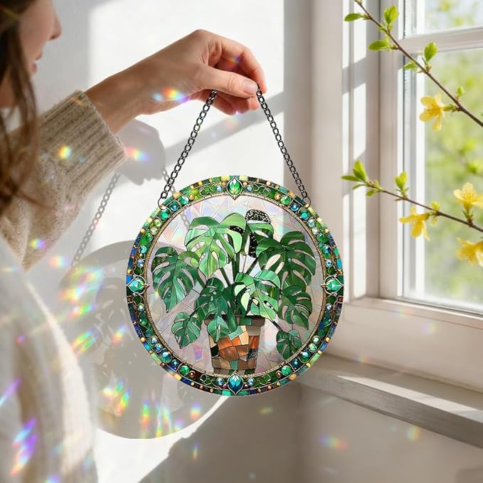 Acrylic Suncatcher Window Hanging, Leaf Sun Catcher Rainbow Indoor Window Decoration for Living Room Bedroom, Summer Home Balcony Ornaments Deco, 7.87 x 7.87 inches (64 Leaf)