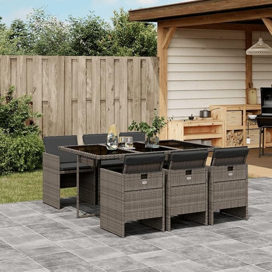 7 Piece Patio Dining Set with Cushions Gray Poly Rattan, Outdoor Table and 6 Chairs with Foldable Backrest, Tempered Glass Top, Removable Washable Cushion Covers for Garden Backyard Deck Entertaining