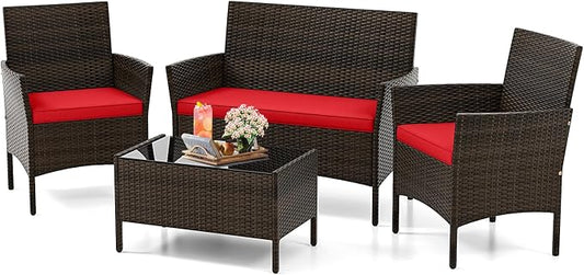 KOTEK 4 Piece Patio Furniture Set, Outdoor Rattan Conversation Set with Loveseat, Wicker Chairs, Tempered Glass Coffee Table, Wicker Patio Set for Backyard, Porch (Red)