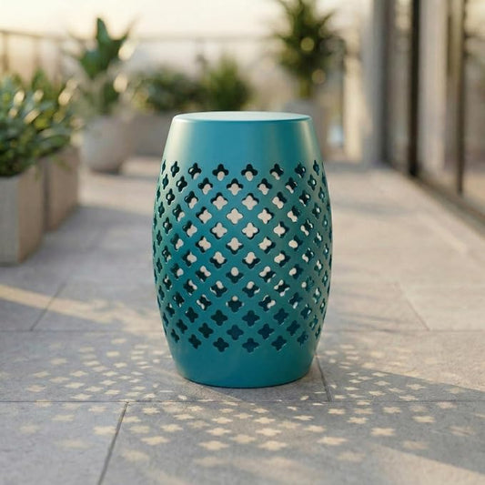 Teal Steel Outdoor Side Table, 12.5" Round Hollow Drum Patio End Table with Geometric Lattice Design, Decorative Metal Accent Table for Garden, Balcony, Living Room, No Assembly