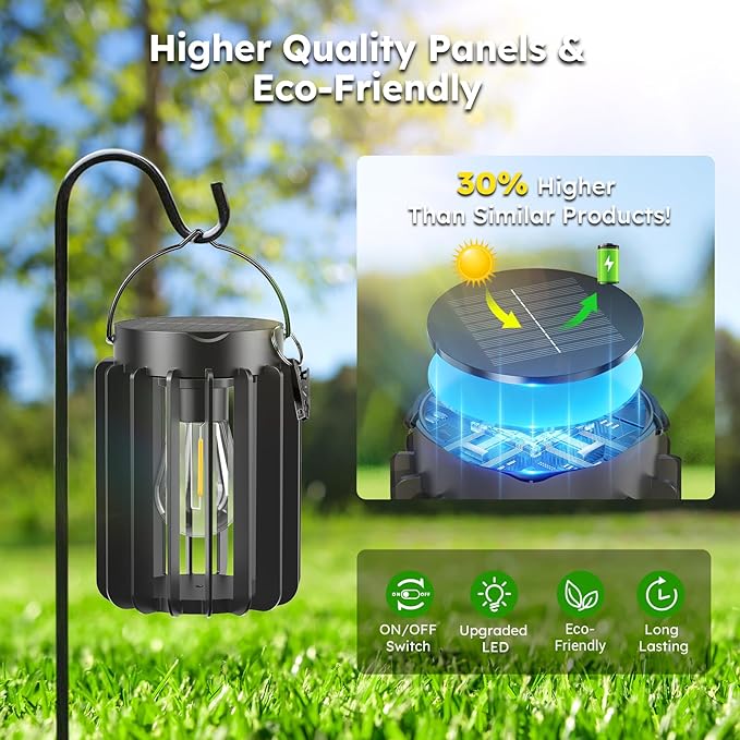 2 Pack Solar Lanterns Outdoor Waterproof, Metal Hanging Lantern, Black | 12-Hr Runtime Outdoor Solar Lantern, Auto On At Dusk, High Bright Hanging Solar Lights for Garden Porch Patio Yard Decor