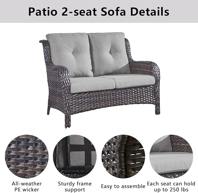 Belord 6 Pieces Patio Furniture Set Outdoor Wicker Furniture, 2 Patio Wicker Chairs with 1 Loveseat Sofa, Coffee Table and Ottomans, Patio Conversation Set for Porch Garden Deck Balcony Poolside