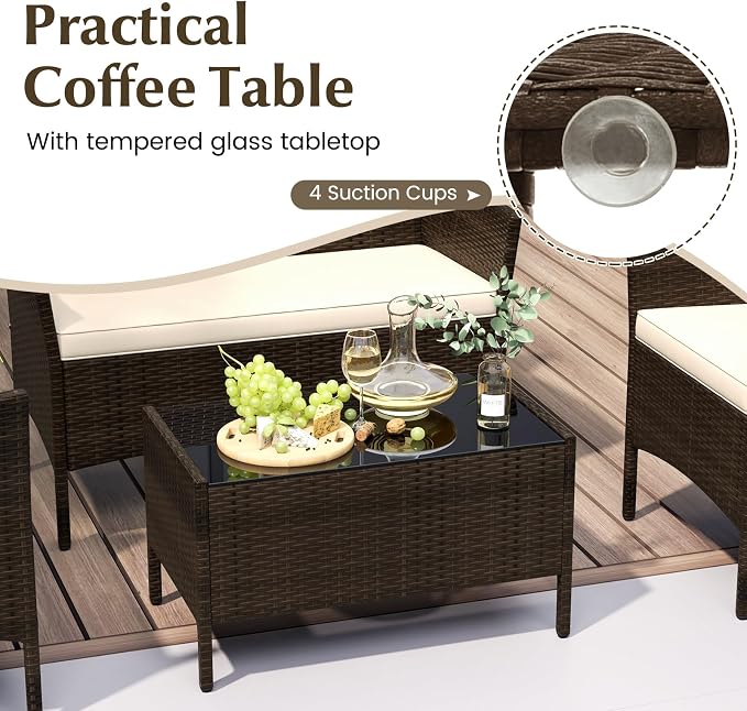 ORALNER 4 Pieces Patio Furniture Set, Rattan Chairs Loveseat with Soft Cushion and Glass Table, Outdoor Wicker Conversation Set for Balcony Garden Backyard Porch Poolside (Beige)