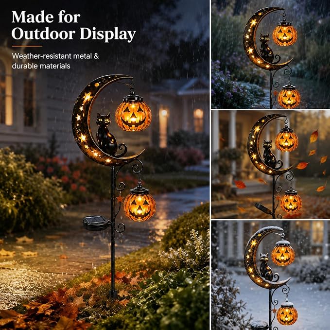 Solar Halloween Black Cat & Pumpkin Moon Garden Stake Light, Outdoor Waterproof LED Yard Decoration with Crescent Moon, Hanging Jack-o'-Lantern Lantern for Garden, Patio, Walkway, Porch (Style C C)