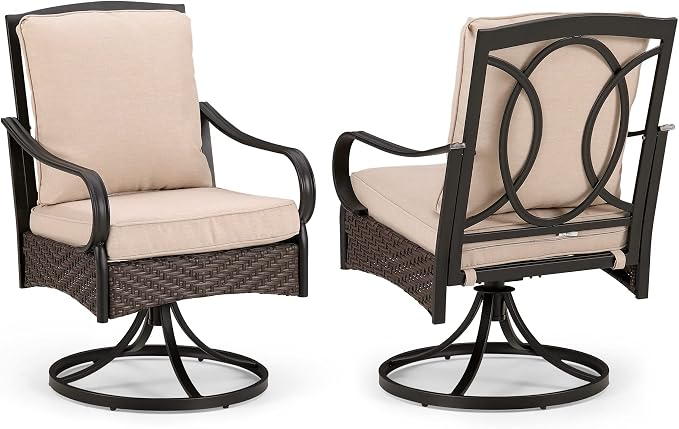 PHI VILLA Swivel Patio Dining Chairs Wicker Chairs Set of 2 with Cushions | Heavy Duty Outdoor Metal Wicker Dining Chair with Padded Cushions, Large All Weather Wrought Iron Patio Chair for Balcony