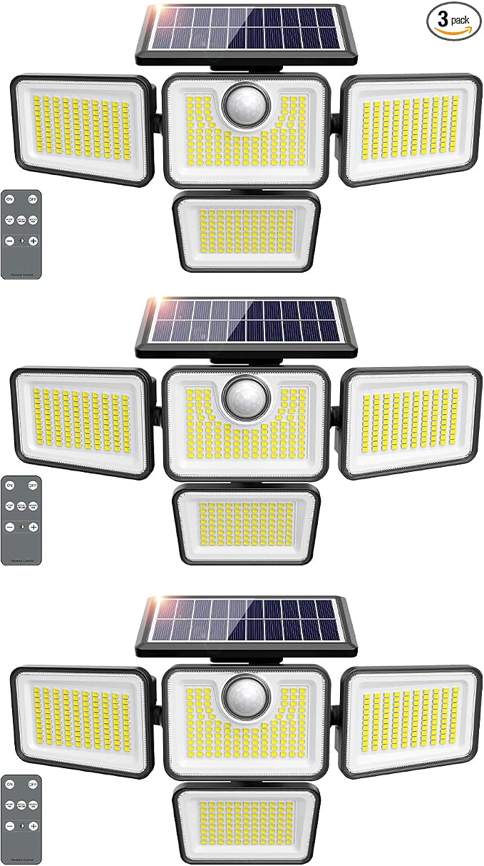 4500LM Solar Lights Outdoor, 4 Adjustable Heads Motion Sensor Lights, 3 Modes, 6500K, IP65 Waterproof Solar Security Wall Lights, Remote Control Flood Lights, Garden, Outside, Backyard, 3 Pack