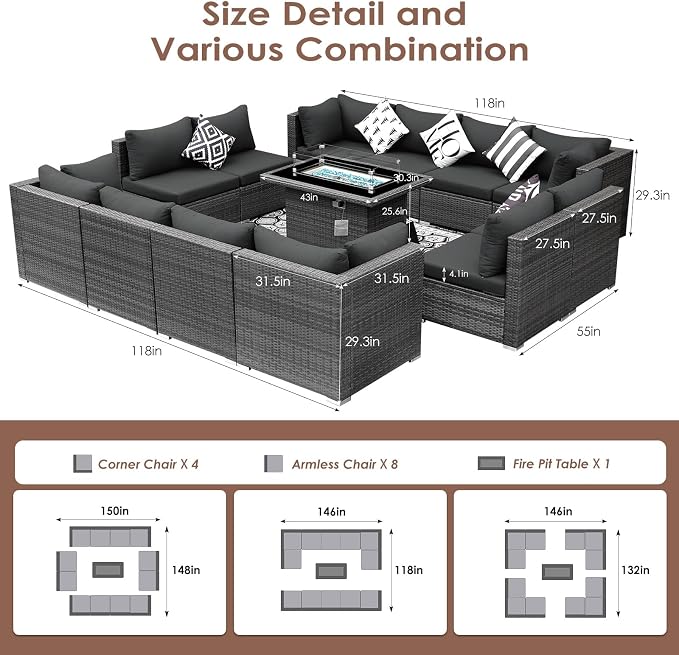 BULEXYARD 13 Piece High Back Outdoor Furniture Sets with Fire Pit, Luxury Patio Sectional Couch Sofa 12-Seater Modular, Comfortable Extra Large Wide Deep Backyard Seating Conversation Set, Dark Grey