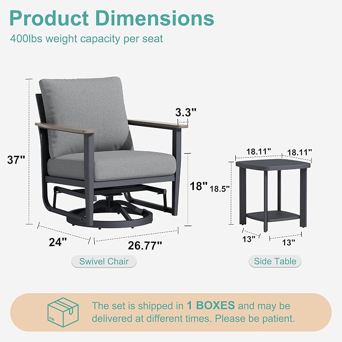 Aluminum Patio Swivel Rocking Chair Outdoor Bistro Set, 3PCS Patio Conversation Set Outdoor Patio Furniture Set with High Backrest & Thickened Cushions for Garden, Deck and Balcony, Grey