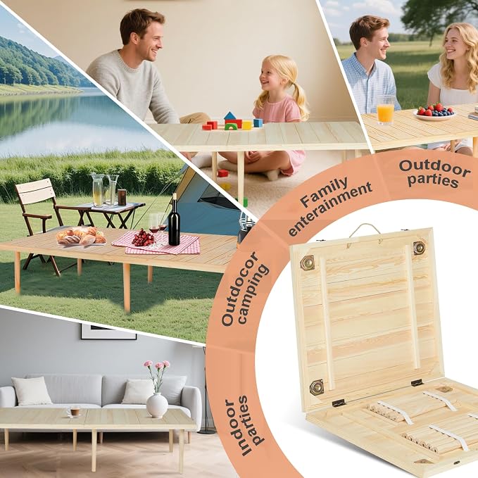 Boho Picnic Table, 60x30 Low Foldable Picnic Table 3 Height Adjustable Solid Pine Outdoor for Beach Camping BBQs