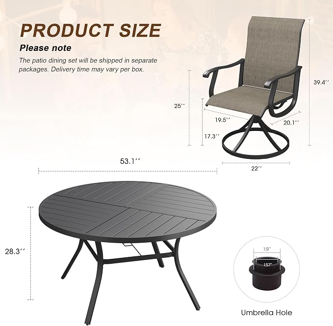 VICLLAX Patio 7 Pieces Outdoor Dining Set, 53" Round Metal Table with Umbrella Hole and 6 Swivel Textilene Chairs for Lawn, Garden, Porch, Black/Brown
