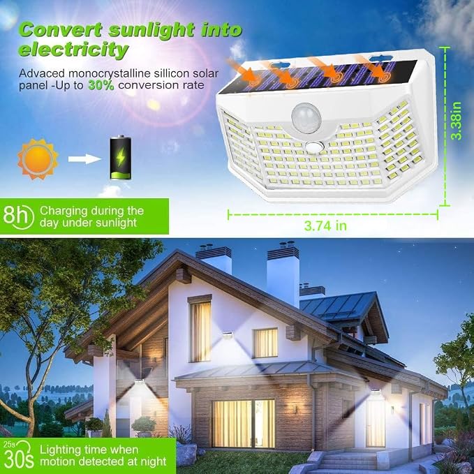 HMCITY 120 LED Outdoor Solar Lights with Motion Sensor and 3 Lighting Modes, IP65 Waterproof Wide Solar Wall Lights Ideal for Garden Patio Yard (Front Button 4Packs, White Shell-Daylight White)