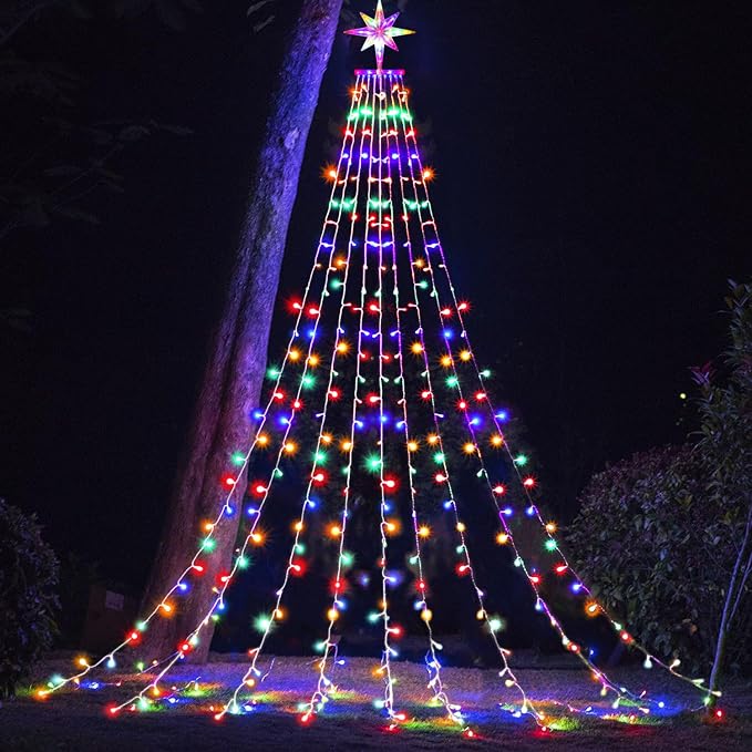 Christmas Decorations, Outdoor Christmas Lights, 320 LED Outdoor Christmas Tree String Lights with 12" Star Toppers [8 Modes& Waterproof] for Xmas New Year Holiday Decor (Dipper Multicolor)