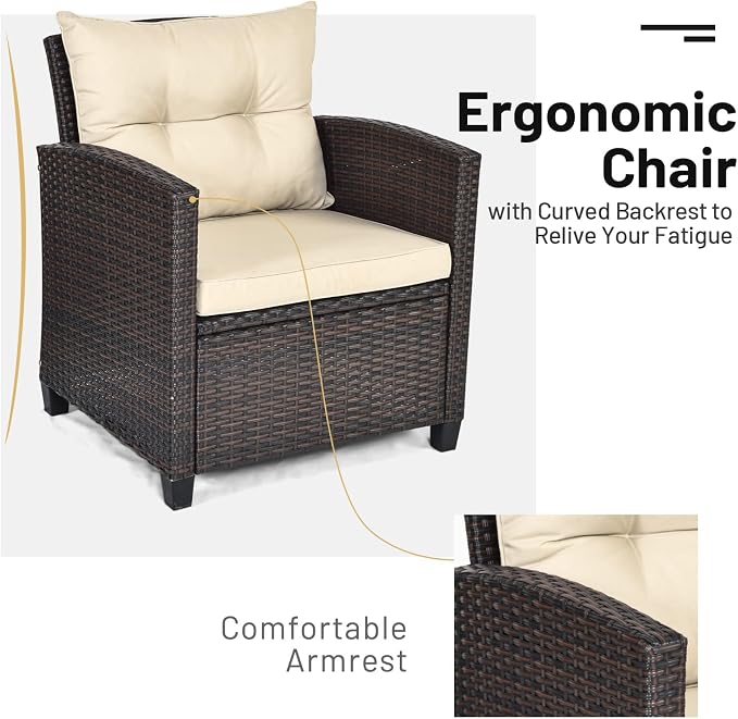 3-Piece Wicker Patio Furniture Set, Outdoor Sofa Set with Water-Resistant Cushion & Tempered Glass Table, Brown