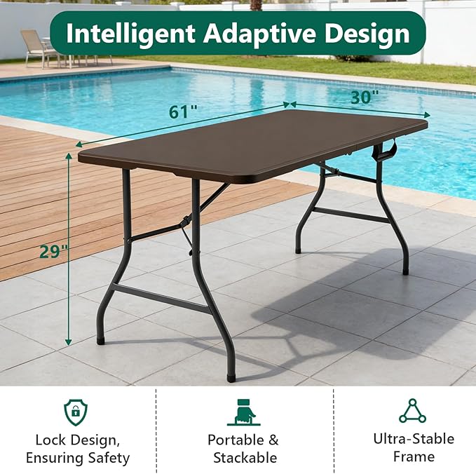 2 Pack 5ft Folding Table, Foldable Picnic Table with Carrying Handle, Heavy Duty Fold-in-Half Portable Table for Weddings, Camping, RV Travel, Parties, and Indoor Use, Easy to Fold and Store, Brown