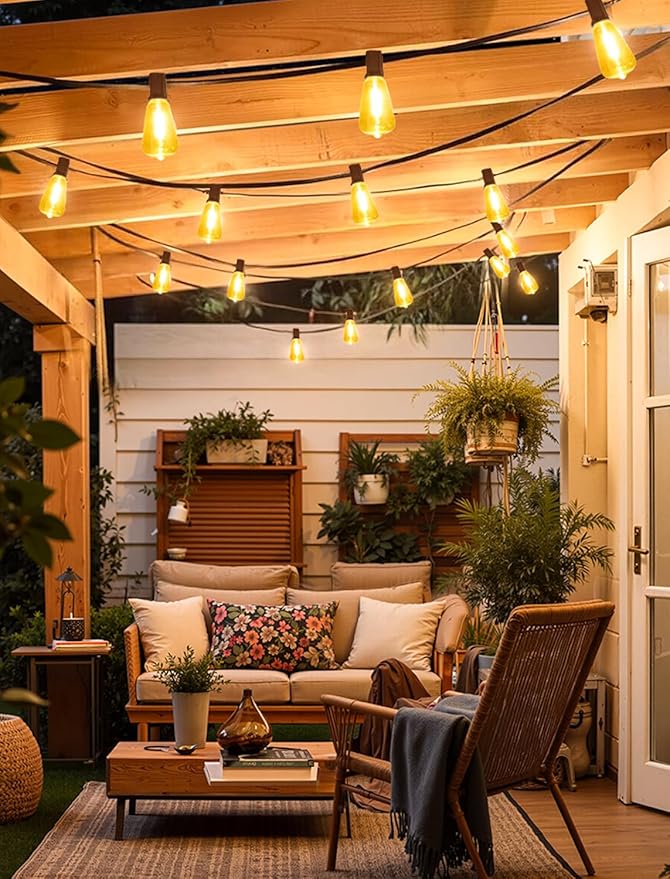50FT(2x25FT) Outdoor String Lights, Patio Lights with 20+2 LED Dimmable Waterproof ST38 Vintage Shatterproof Bulb for Bistro Cafe Fence, Brown