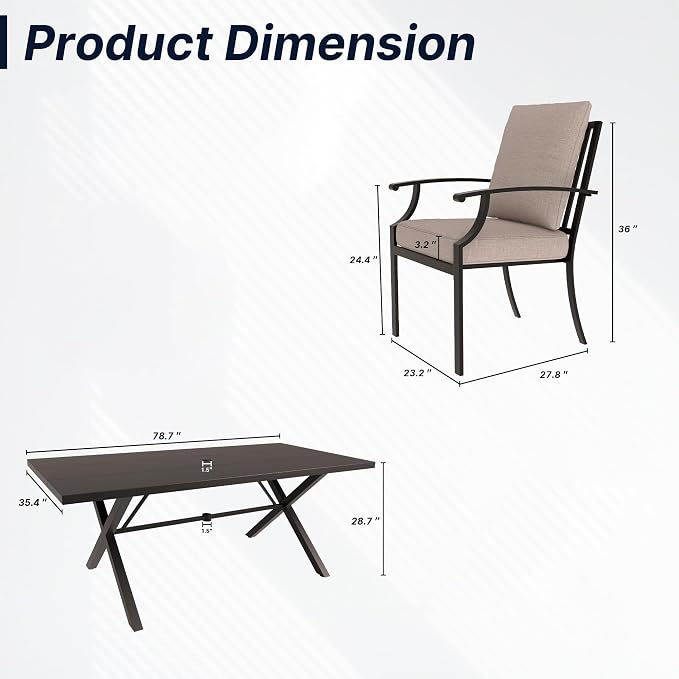 7 PCS Outdoor Patio Dining Set,Patio Table and Chairs Metal Outdoor Patio Furniture Set with Umbrella Hole,Dining Table Set with 6 Chairs for Deck,Backyard and Garden,Brown