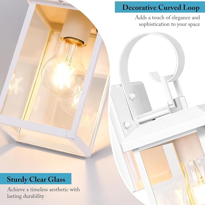BesLowe 2-Pack Outdoor Wall Light Fixtures, Modern Porch Sconces, White | Waterproof, Rust-Resistant, Durable Metal with Clear Glass, Standard E26 Socket, Easy to Install
