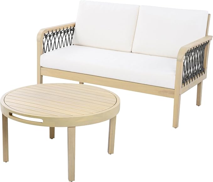 4-Piece Patio Conversation Set, All Weather Sectional Sofa Set w/ 2 Chairs, Loveseat & Round Coffee Table, Acacia Wood Outdoor Furniture Set with Rope Woven Armrests and Cushions (Light teak-6.9)