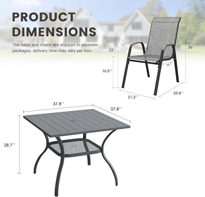 5 Pieces Outdoor Dining Set, 37.8" Square Table with Umbrella Hole & Stackable Patio Dining Chairs, Patio Table and Chairs Set for Deck Garden Porch, Grey Chairs & Dark Grey Table
