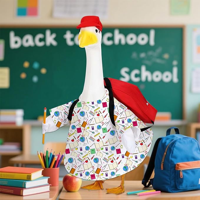 AZYM Back to School Porch Goose Outfits,4 Pcs/Set Yard Goose Statue Clothes for 23" Statue Patio Lawn Garden Decoration