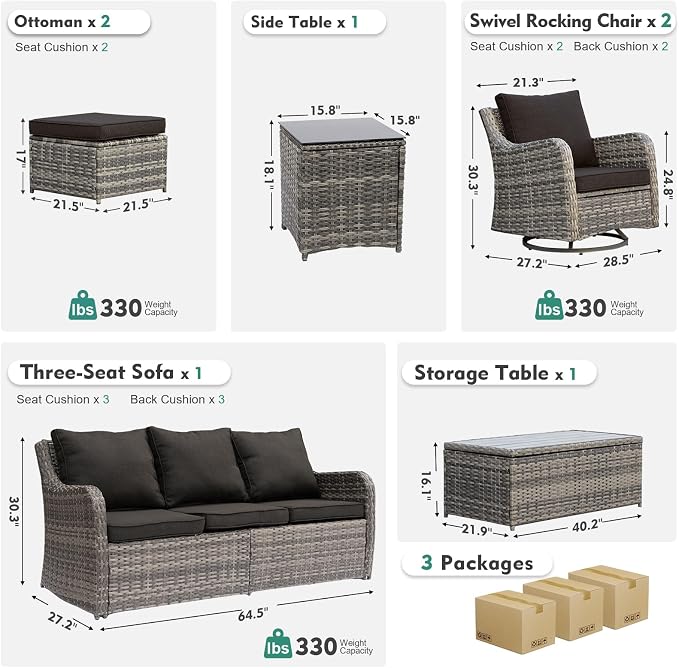 MEISSALIVVE 7 Pieces Patio Furniture Set with Swivel Chair, Outdoor Patio Conversation Set, Patio Sectional Furniture Set with 2 Swivel Rocker Patio Chair and Sofa, 2 Ottomans and Coffee Table (Black)