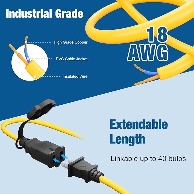 LED Construction String Light 50FT, 50W 6000Lm,18AWG Wire,5000K Linkable String Work Lights with 5 Bulbs & Hooks, Industrial Temporary Lighting for Construction Site, Crawl Space,Job Site,Attic