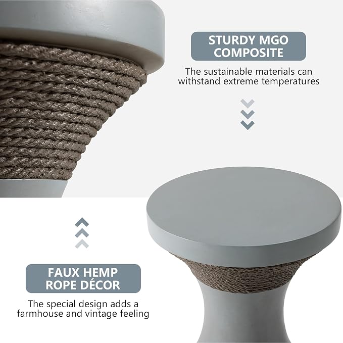 COSIEST Outdoor Side Table, Hourglass Shaped Concrete Accent Side Table w Hemp Rope Decor, 17.7''Patio End Table, Vintage Patio Stand for Garden, Grey