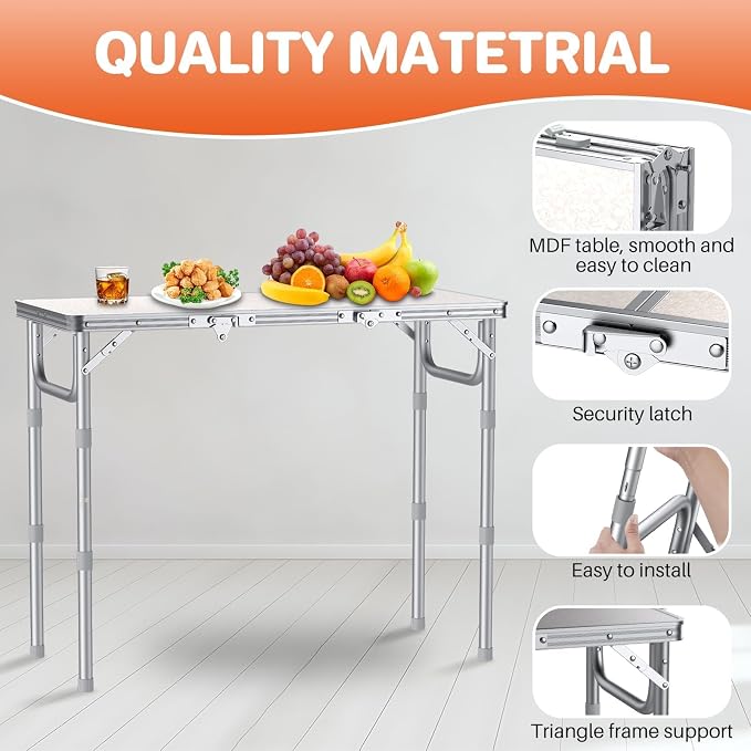 FUNYKICH 3ft Portable Folding Table with 3 Adjustable Height, 34.2'' Lx15.7'' W Camping Tables, Lightweight Aluminum Outdoor Picnic Table with Carry Handle for Car Camping, Outdoor Dining, Beach