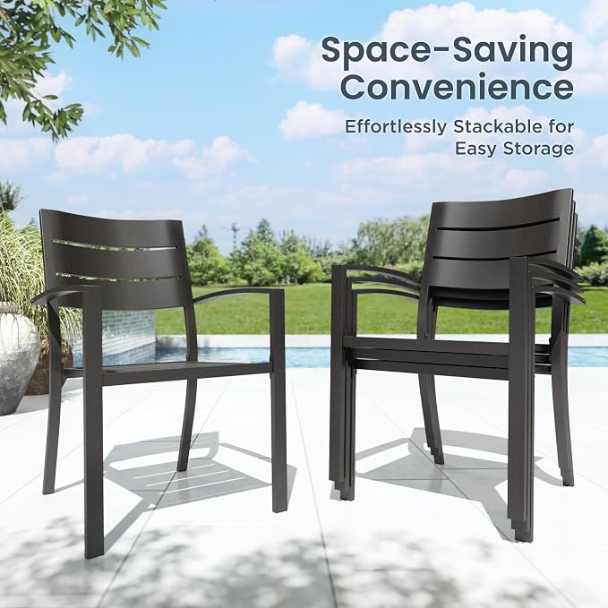 PHI VILLA 7 Pcs Outdoor Dining Set with Umbrella for 6(Blue) | 60" Rectangular Metal Table & Stacking Wrought Iron Chairs & 13ft Blue Umbrella, Outside Large Furniture