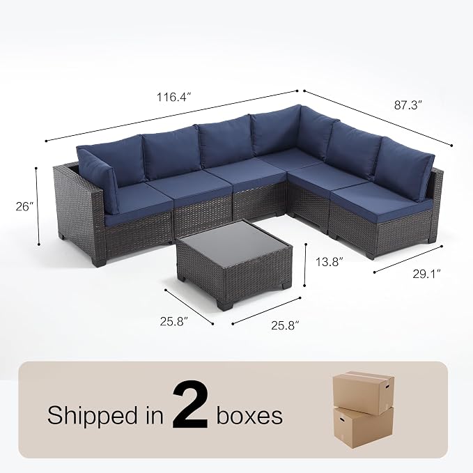 7 Pieces Outdoor Patio Furniture Set, Brown PE Rattan Weaving Sofa with Navy Blue Cushions and Steel Frame, Coffe Table Included, Outdoor Conversation Set