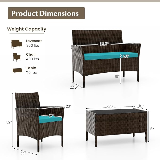 Tangkula 4 Piece Patio Rattan Conversation Set, Outdoor Wicker Furniture Set with Chair, Loveseat & Tempered Glass Table, Cozy Seat Cushions, Outside Sectional Sofa Set for Backyard (1,Turquoise)