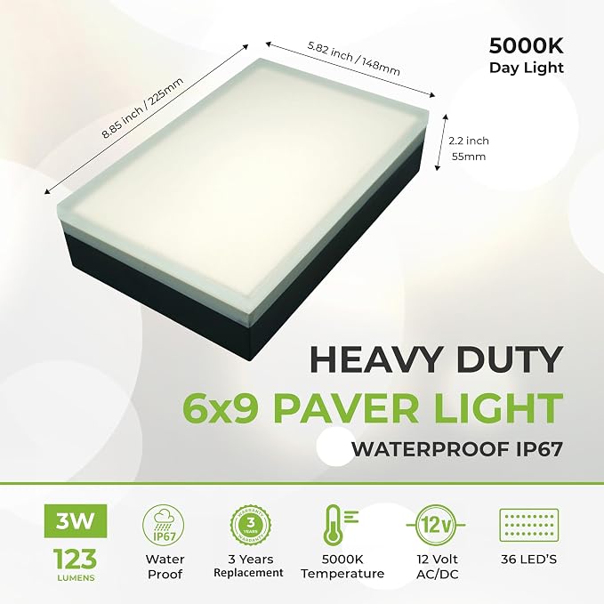 LUMENGY Paver Light 6x9 Inch (5.82x8.85), 5000K Daylight, Glare-Free Brick Lighting for Driveways, Walkways, Pool Decks and Patios, 12V Hardwired, IP67 Waterproof, Drive-Over Rated