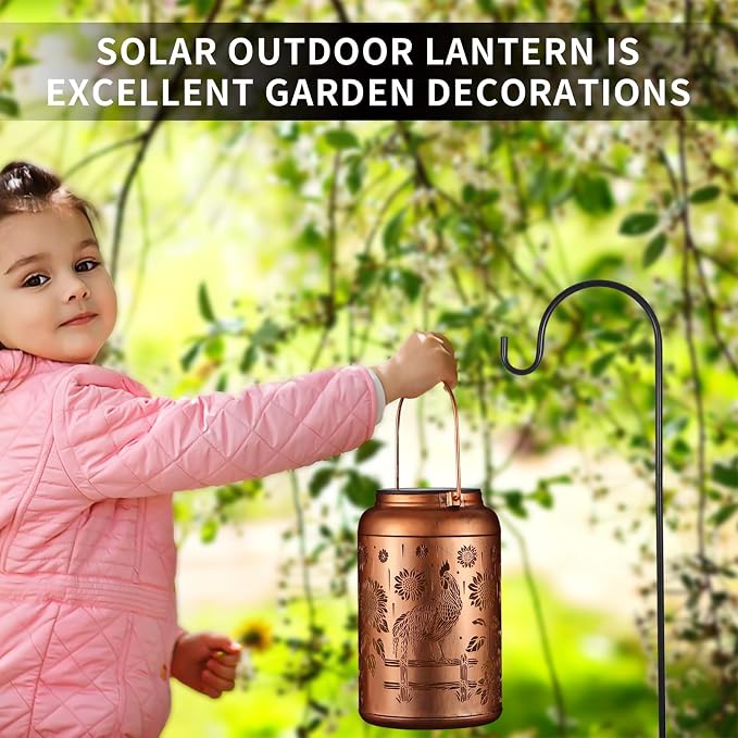 Rooster Solar Lanterns Outdoor Waterproof Garden Decor Gifts for Women | Metal Hanging Solar Lights Birthday Gifts for Grandma Mom Solar Decoration Outside for Yard, Patio, Backyard, Porch