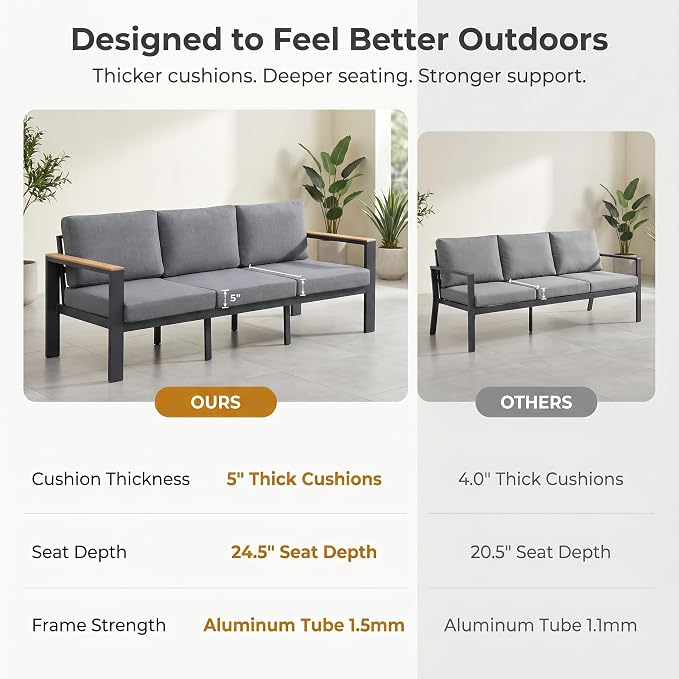 Outdoor Patio Furniture Set, 4-Piece Aluminum Conversation Set with 3-Seat Sofa, 2 Chairs and Coffee Table, 5-Inch Water-Resistant Cushions for Backyard, Deck, Poolside, Gray