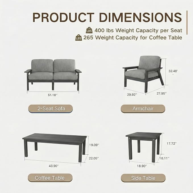 Kingdura HDPE Patio Furniture Set, 3 Piece Outdoor Sectional Sofa with Coffee Table, All Weather Outdoor Couch Conversation Set with Washable Cushions for Backyard Poolside Balcony